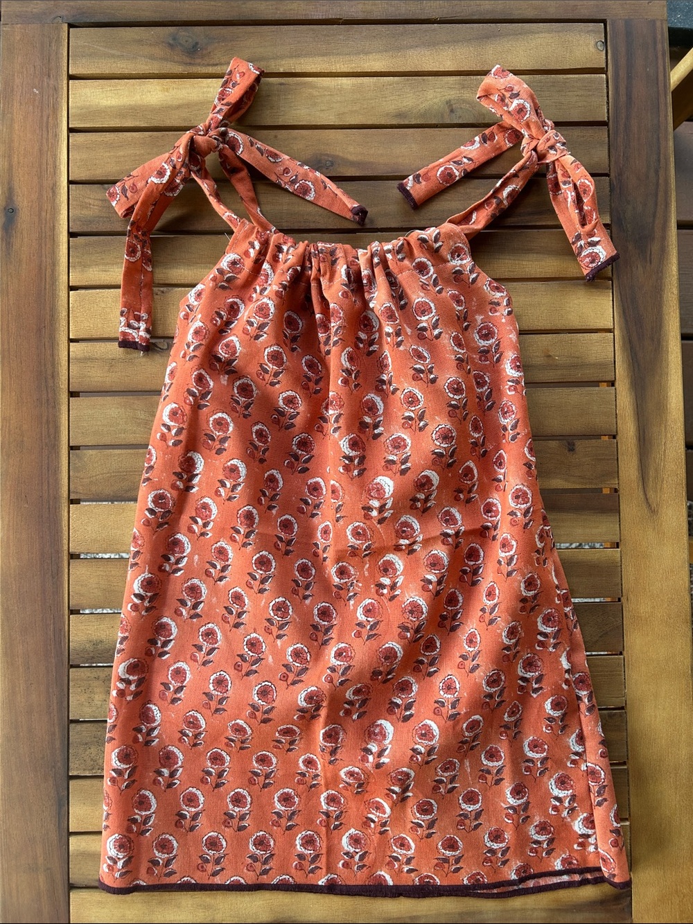Handmade world market Block Print 3T Girls Rust Floral Tie-Shoulder Sundress